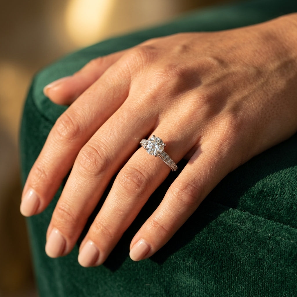 Single Row Prong Set Engagement Ring - worn lifestyle photo