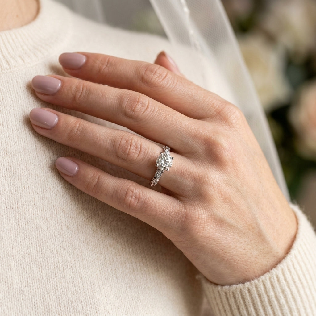 Vintage Inspired Engagement Ring - worn lifestyle photo