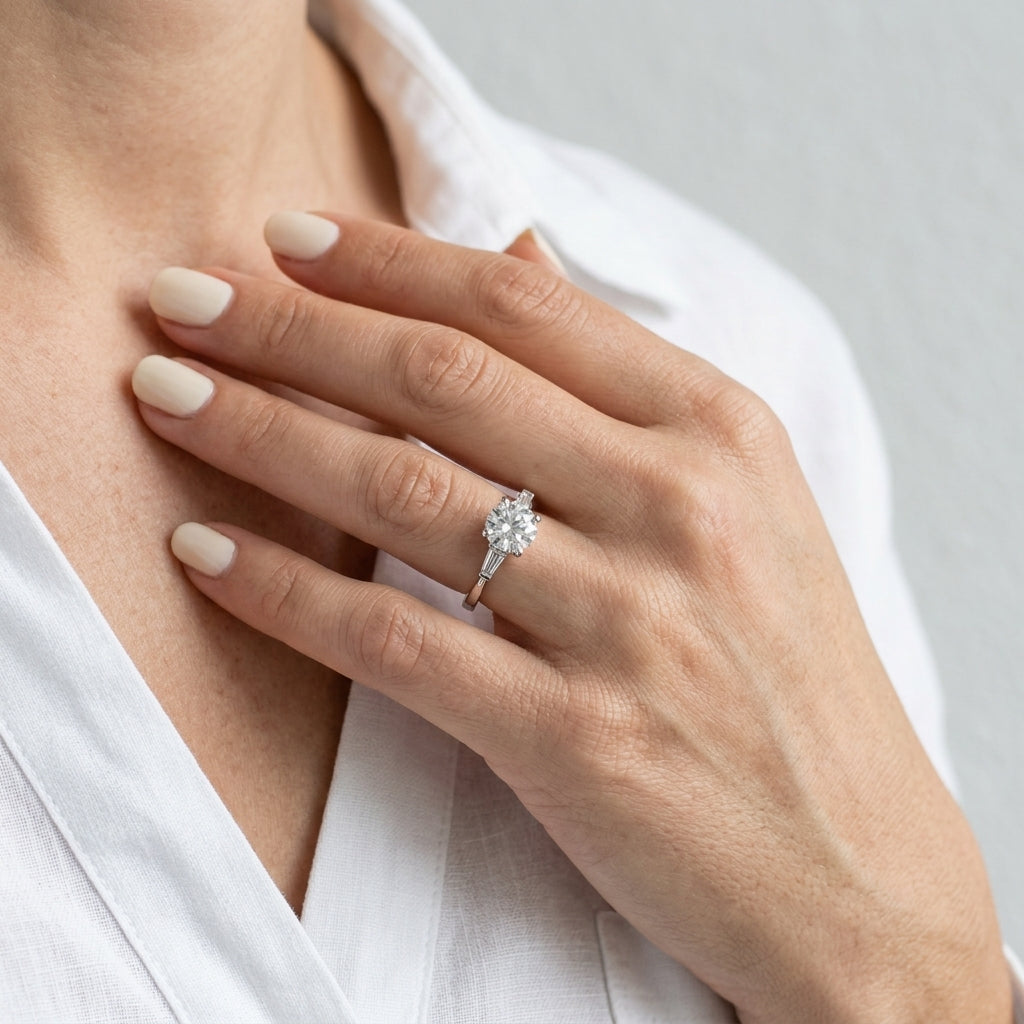 3-Stone Tapered Baguette Peg Head Engagement Ring - worn lifestyle photo