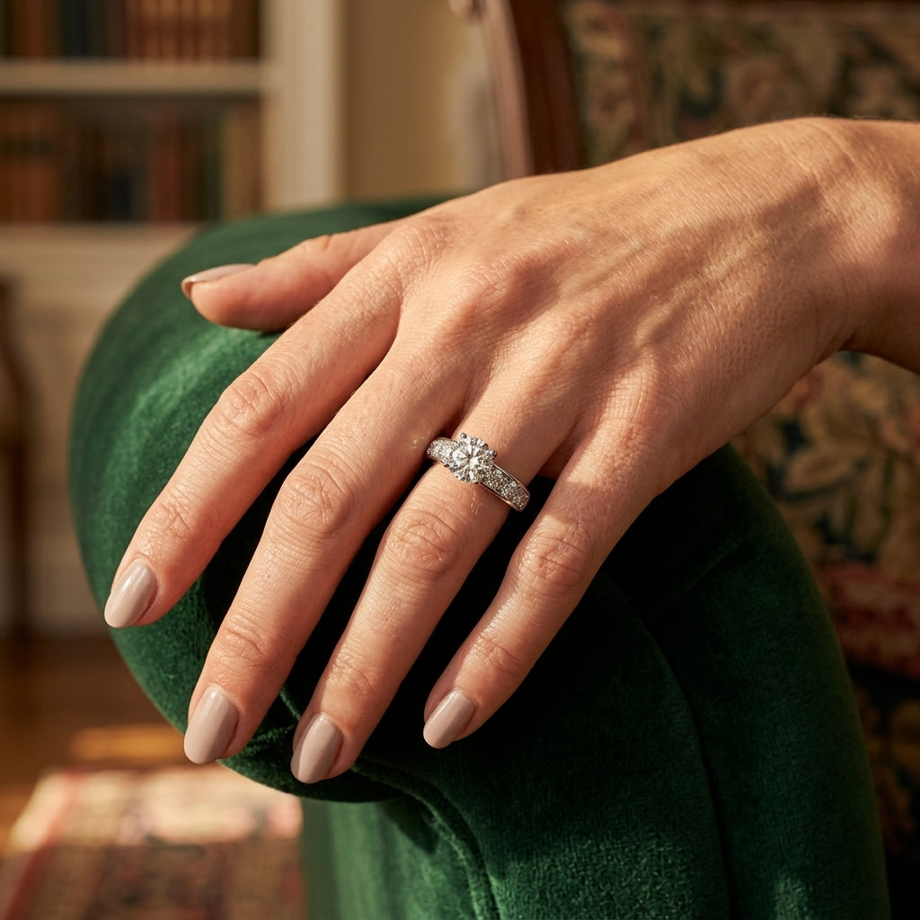 Single Row Channel Set Engagement Ring - worn lifestyle photo