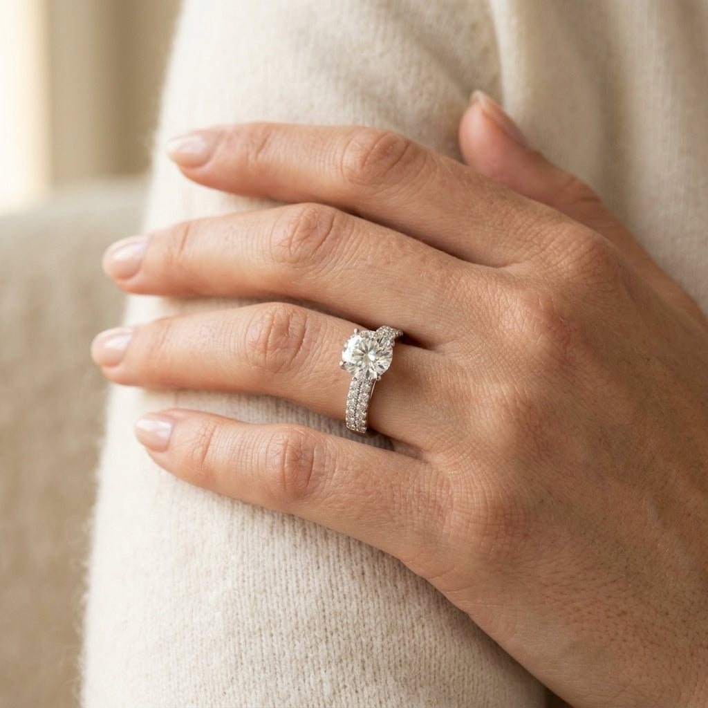 Round 2-Row Pavé Engagement Ring - worn lifestyle photo