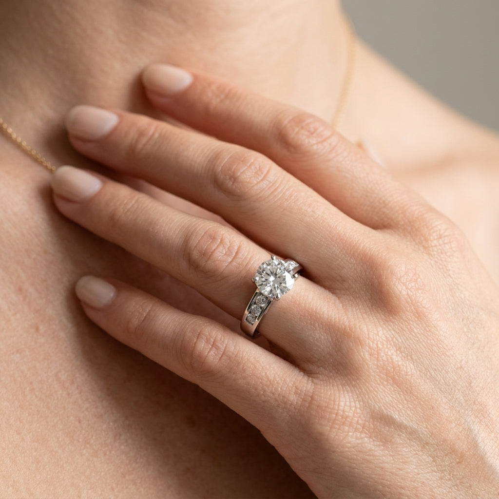 Single Row Channel Set Engagement Ring - worn lifestyle photo