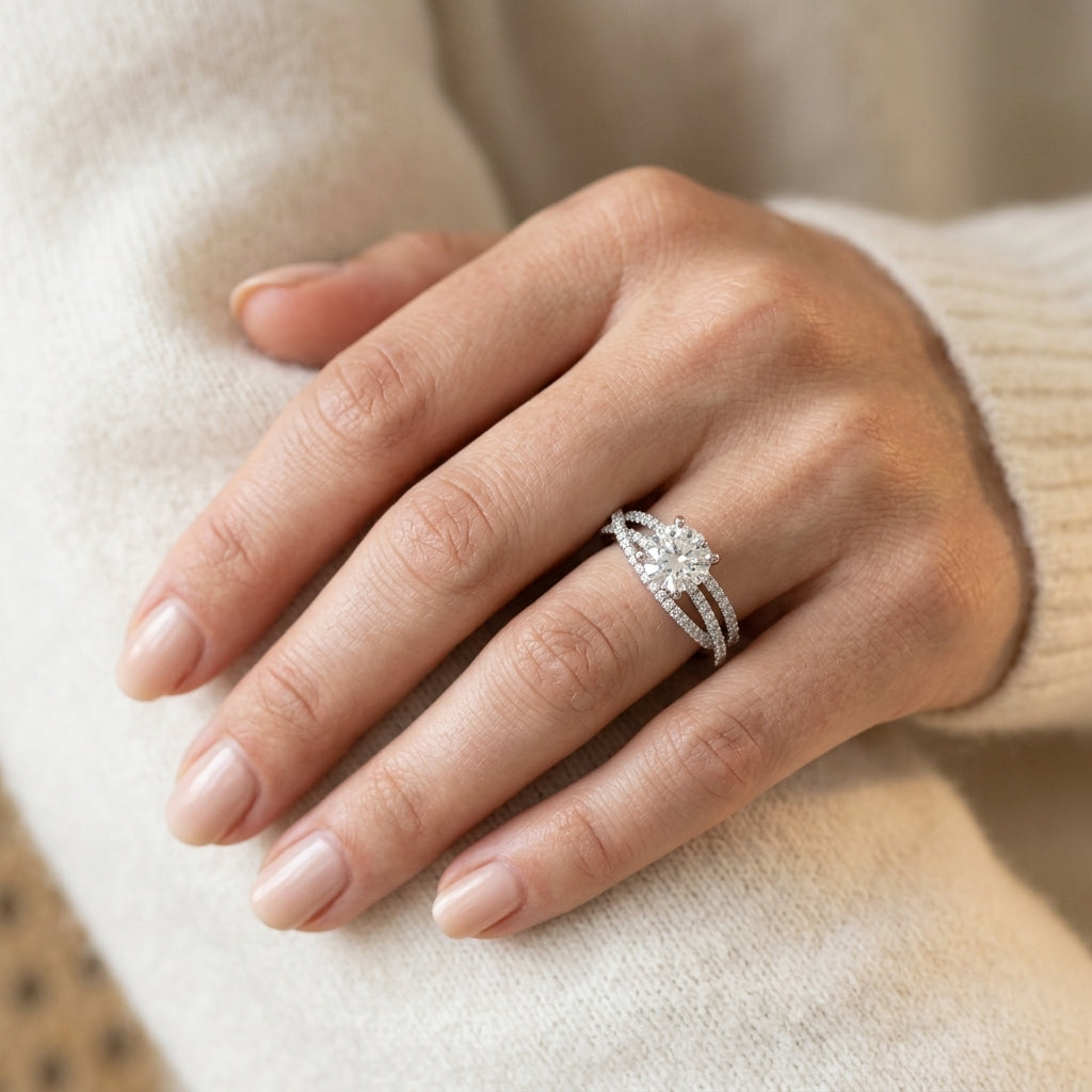 Bypass Split Shank Engagement Ring - worn lifestyle photo