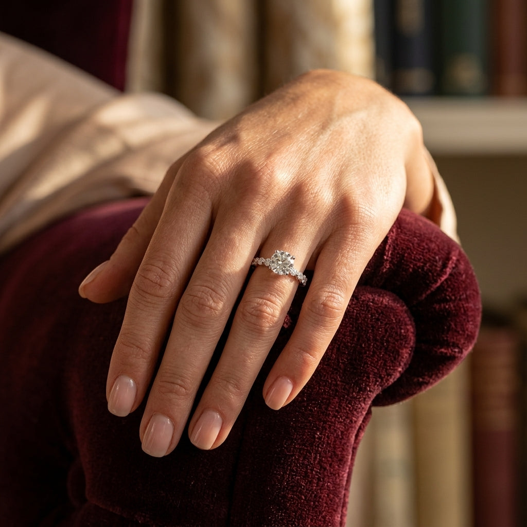 Single Shared-Prong Alternating Round-Sized Engagement Ring - worn lifestyle photo