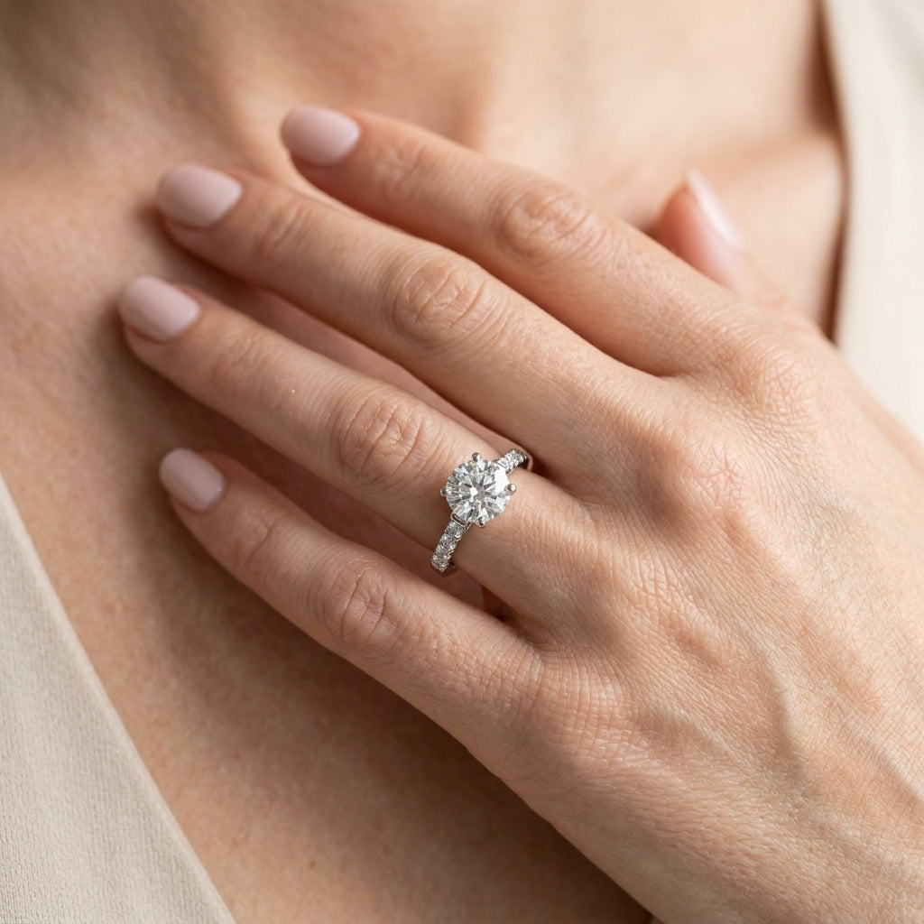 Single Row Split-Prong Cathedral Engagement Ring - worn lifestyle photo