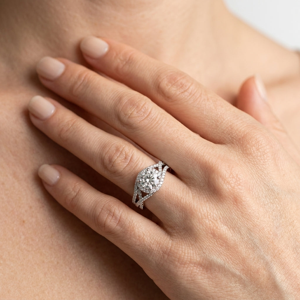 Split-Shank Bypass Engagement Ring - worn lifestyle photo