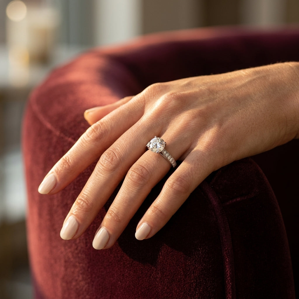 Single Row Graduating Milgrain Engagement Ring - worn lifestyle photo