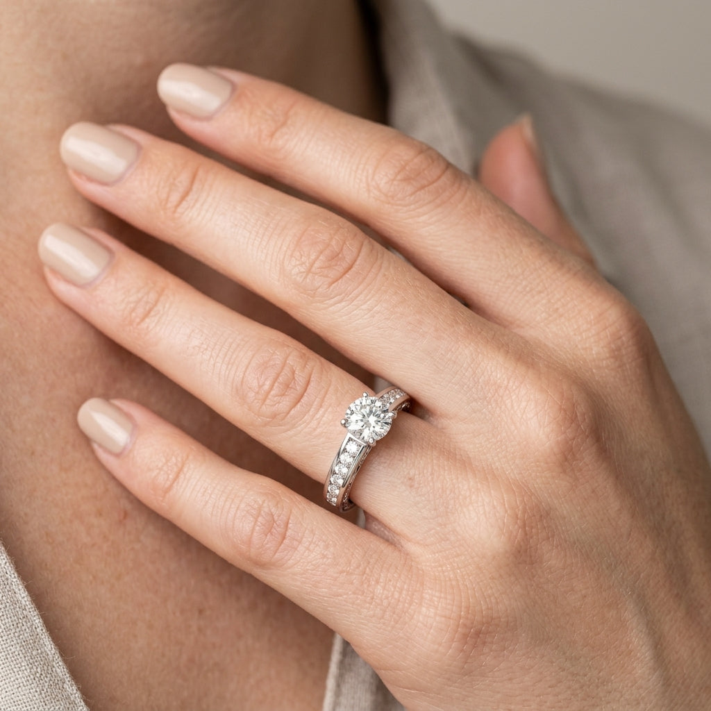 Vintage Inspired Channel Set Engagement Ring - worn lifestyle photo