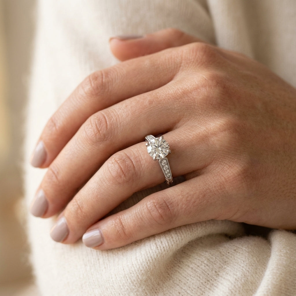 Vintage Inspired Single Row Engagement Ring - worn lifestyle photo