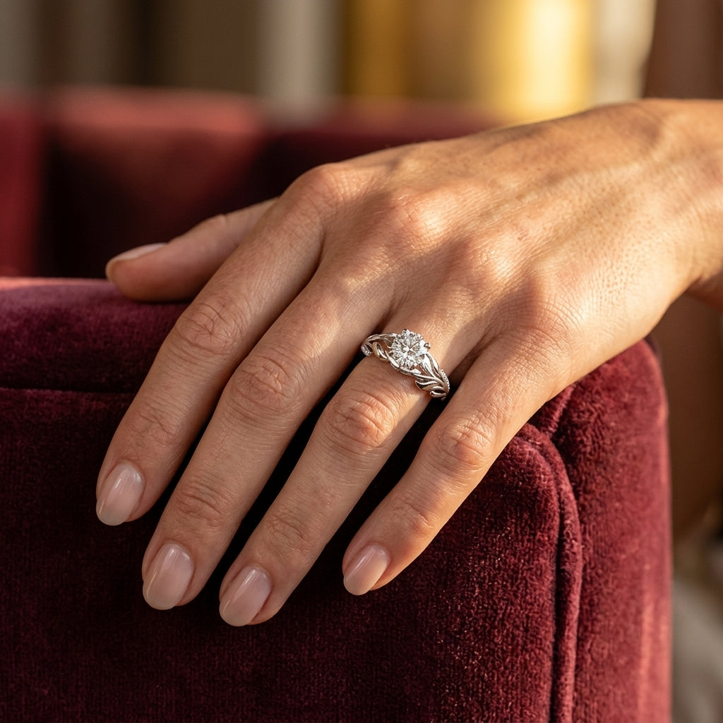Nature Inspired Floral Leaves Engagement Ring - worn lifestyle photo