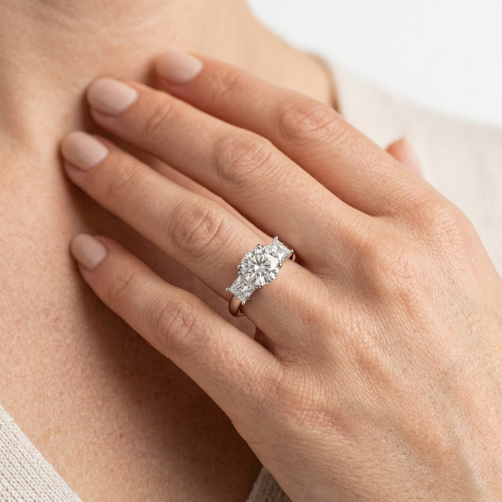 Three Stone Princess Cut Engagement Ring - worn lifestyle photo