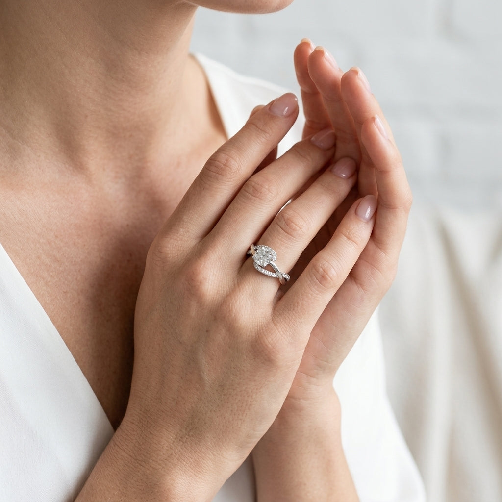 Twisting Bypass Engagement Ring - worn lifestyle photo