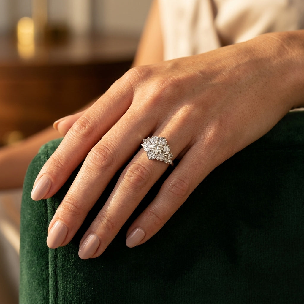 Floral Halo Engagement Ring - worn lifestyle photo