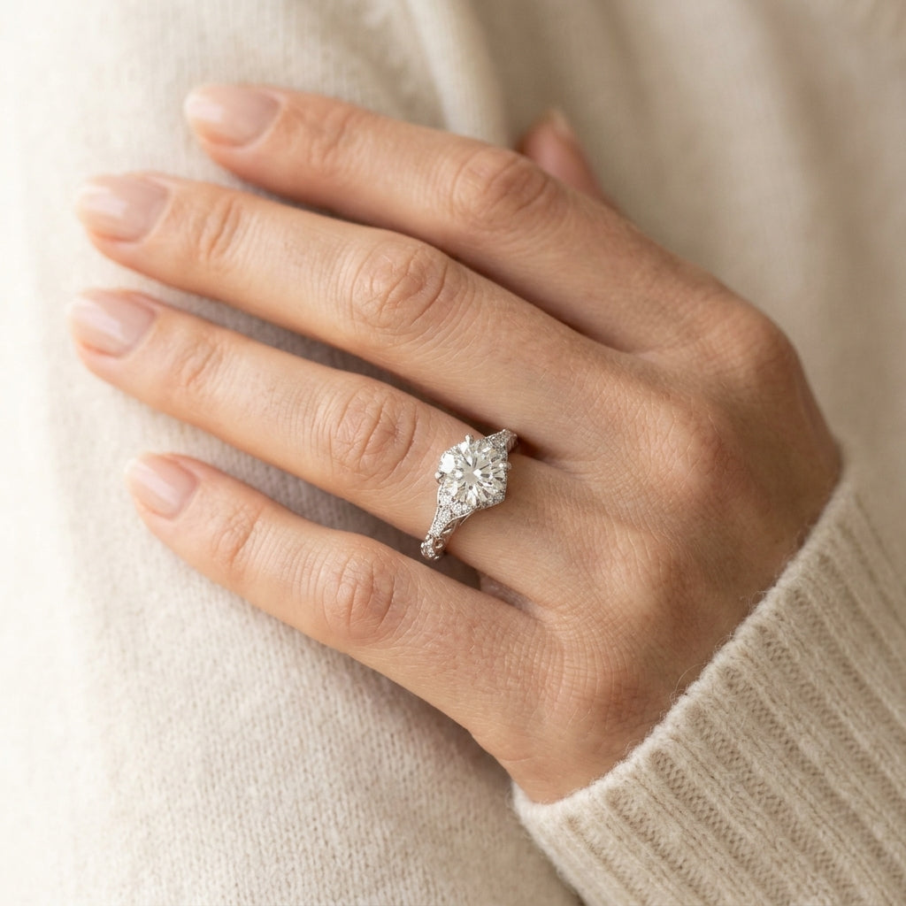 Vintage-Inspired Round Halo Engagement Ring - worn lifestyle photo