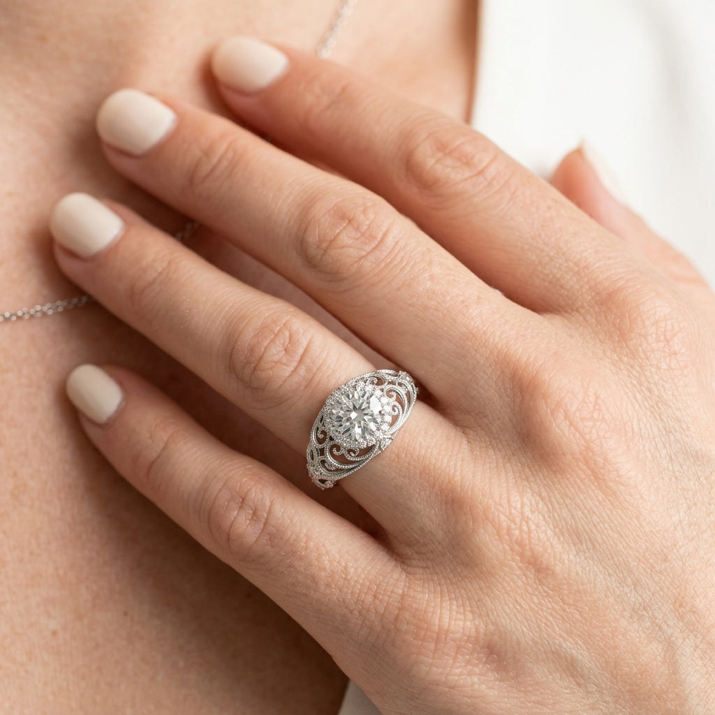 Vintage-Inspired Milgrain Filigree Engagement Ring - worn lifestyle photo