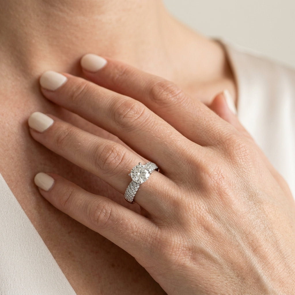 Multirow Pavé Set Engagement Ring - worn lifestyle photo