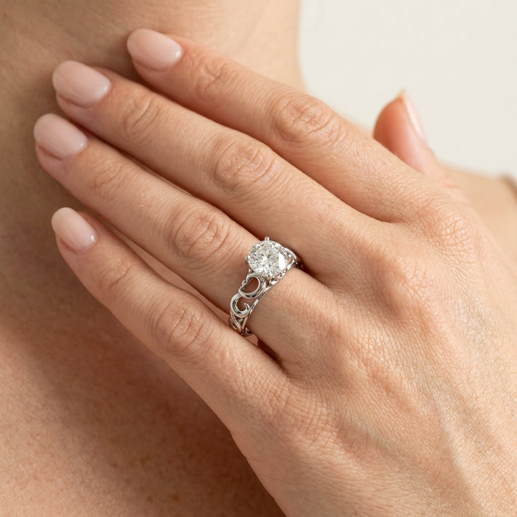 Filigree Engagement Ring - worn lifestyle photo
