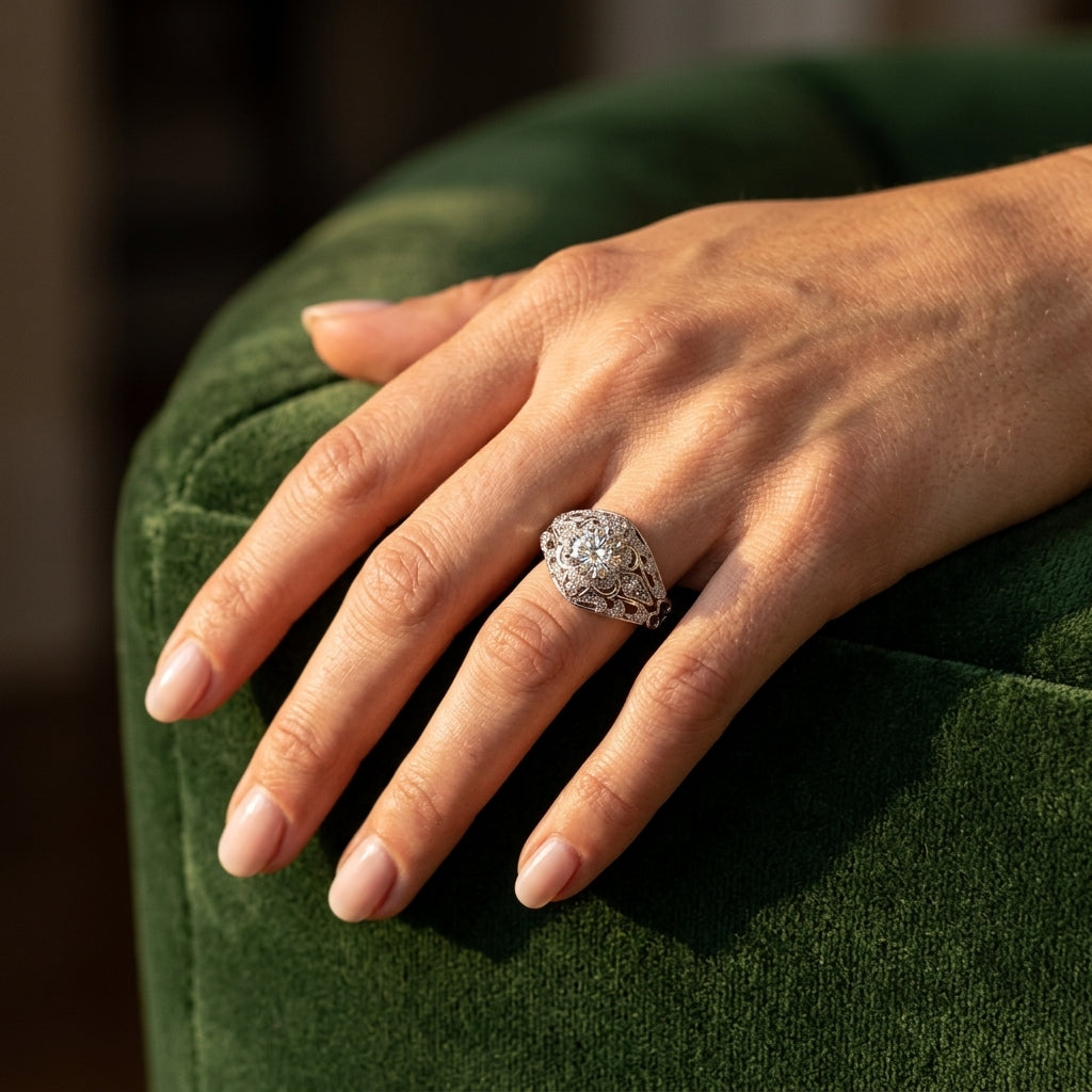 Vintage-Inspired Halo Filigree Engagement Ring - worn lifestyle photo