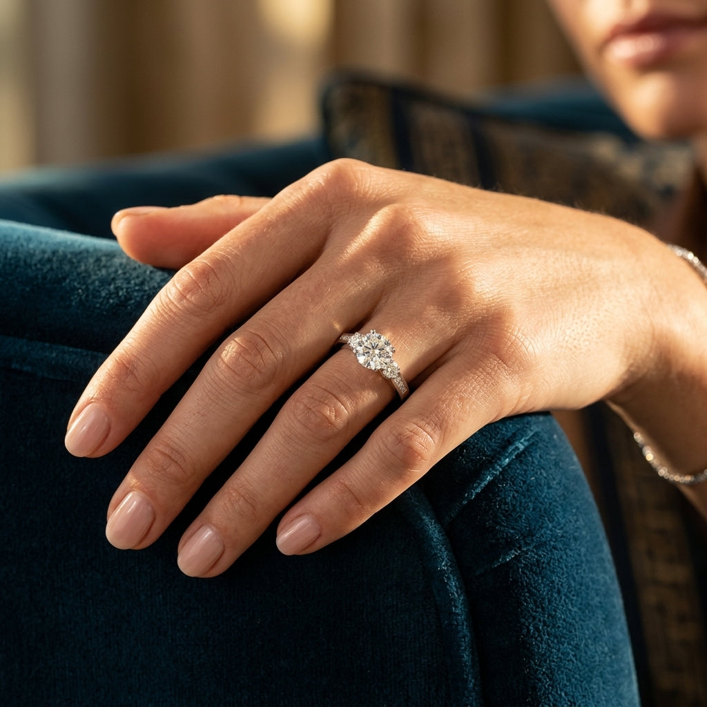 3-Stone Channel Set Engagement Ring - worn lifestyle photo