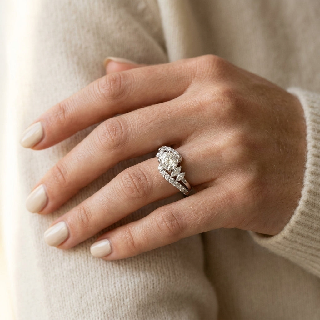 Round & Marquise Bypass Engagement Ring - worn lifestyle photo