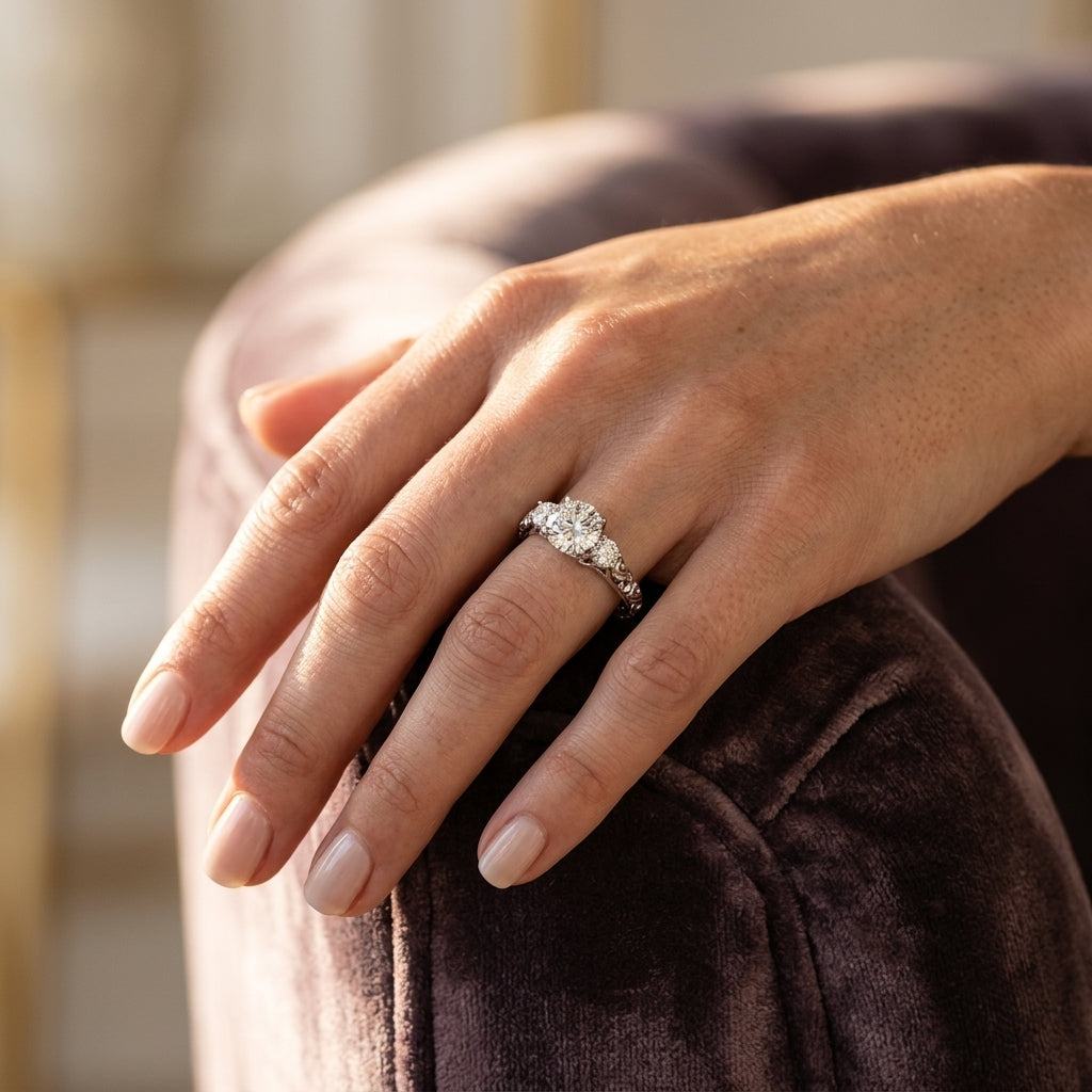 Vintage-Inspired 3-Stone Engagement Ring - worn lifestyle photo