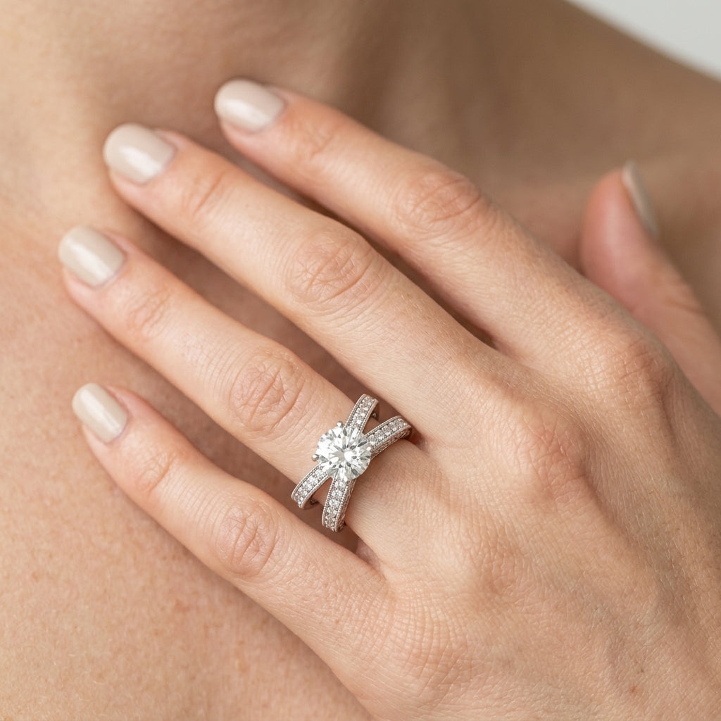Multirow Milgrained Engagement Ring - worn lifestyle photo