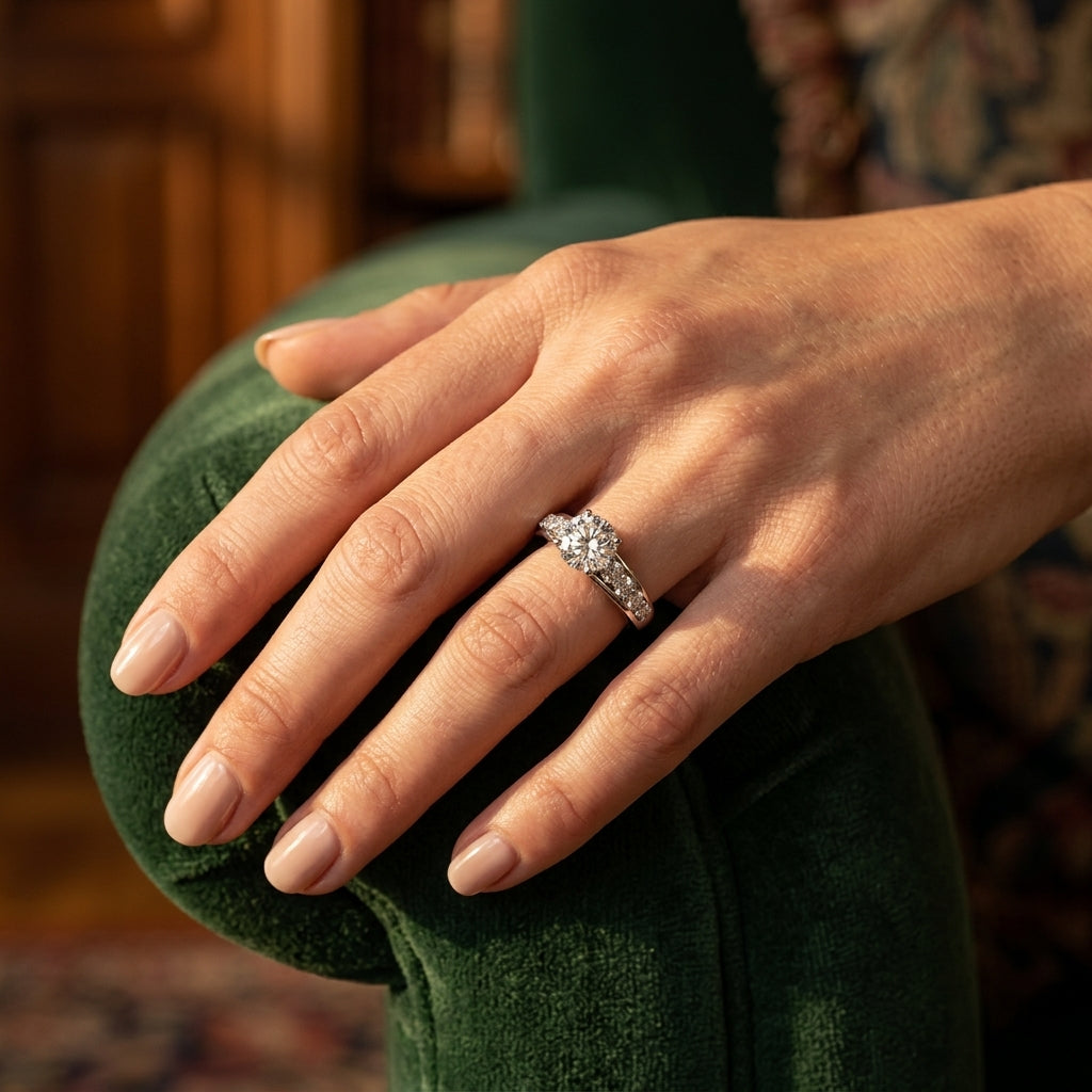 U-Prong Single Row Round Engagement Ring - worn lifestyle photo