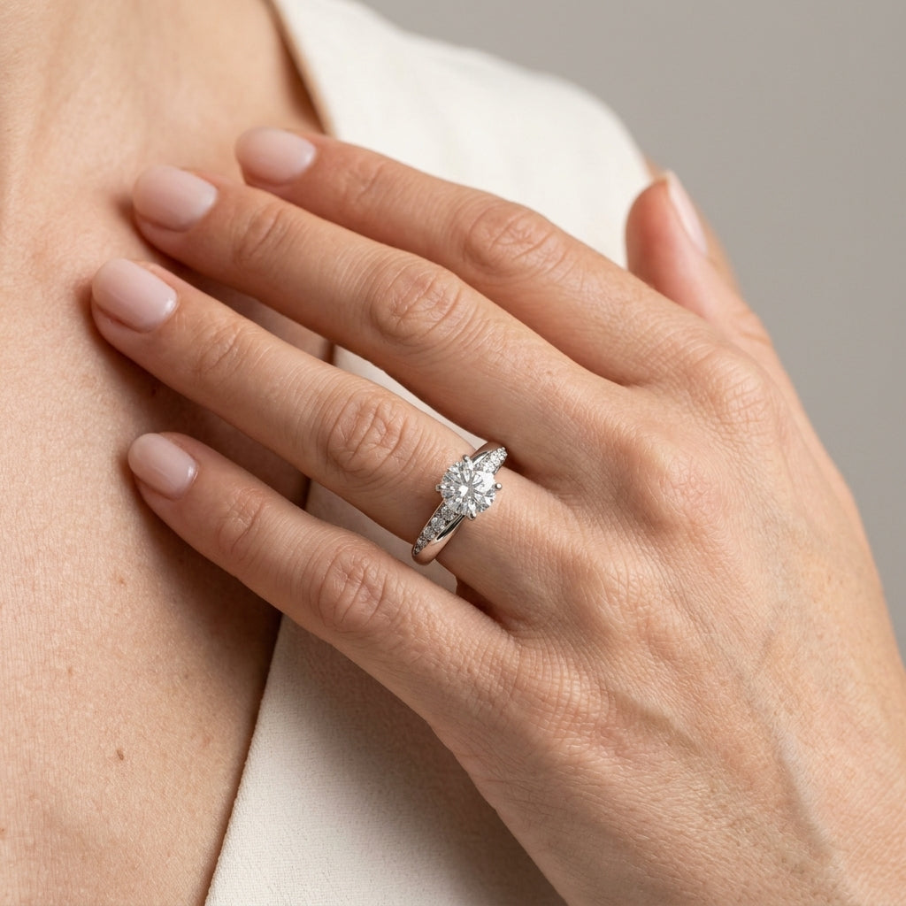 Swirl Prong-In-Channel Engagement Ring - worn lifestyle photo