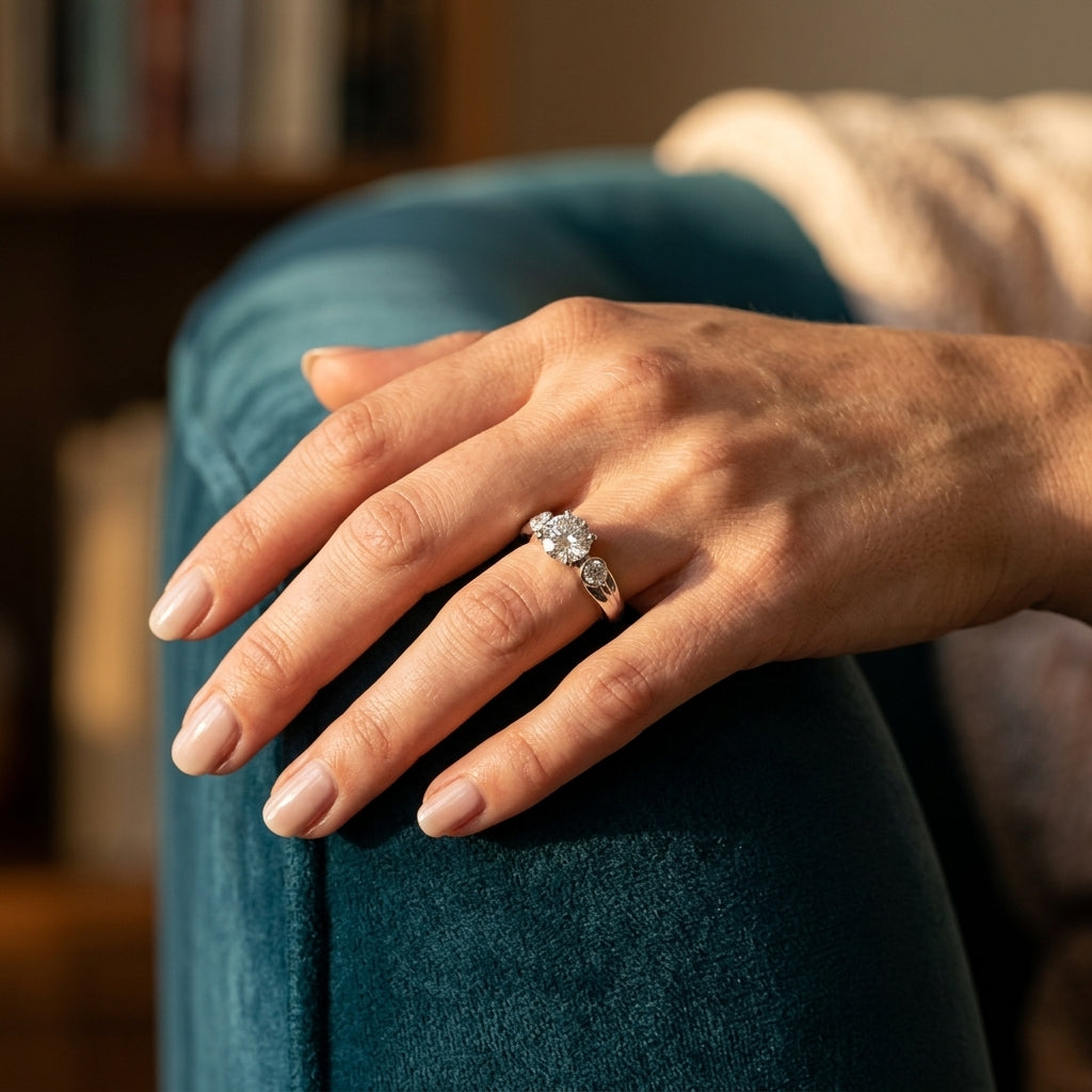 3-Stone Half Bezel Engagement Ring - worn lifestyle photo