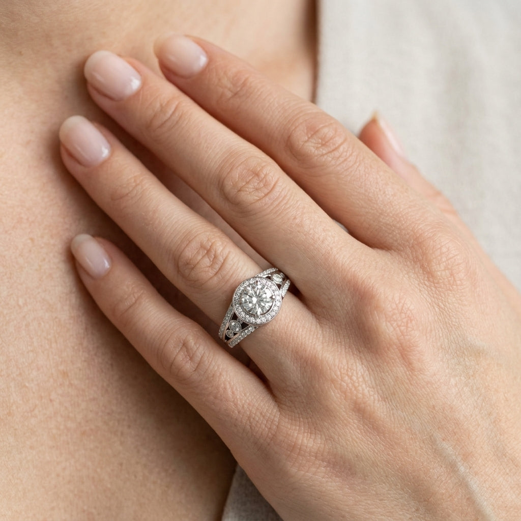 Vintage Inspired Halo Round Engagement Ring - worn lifestyle photo