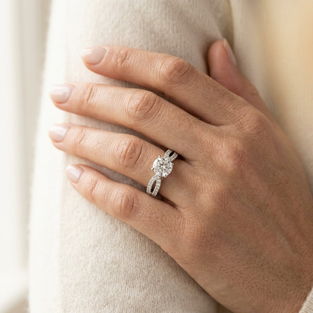 Split Band Cathedral Engagement Ring - worn lifestyle photo