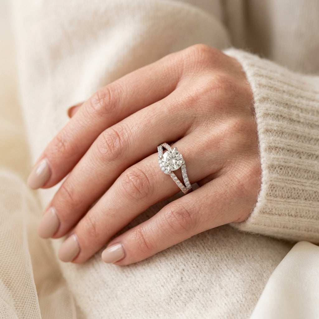 Bypass Split Shank Engagement Ring - worn lifestyle photo