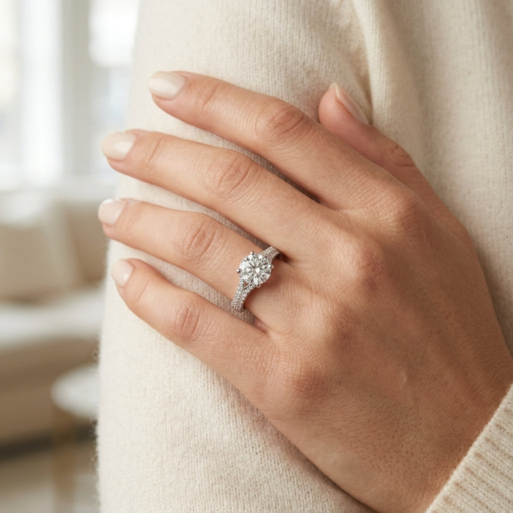 Double Row Pavé Engagement Ring - worn lifestyle photo