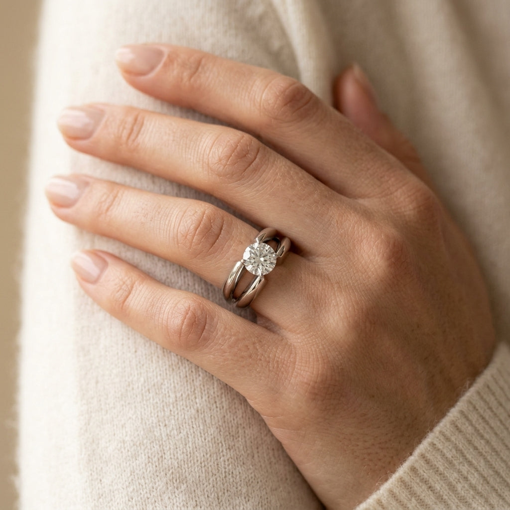 Solitaire Split Shank Engagement Ring - worn lifestyle photo