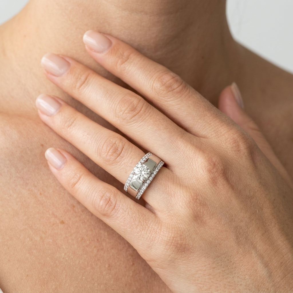 Classic Solitaire Engagement Ring - worn lifestyle photo