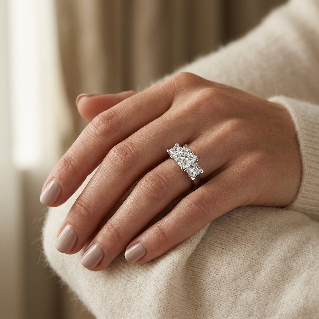 3-Stone Princess Cut Engagement Ring - worn lifestyle photo