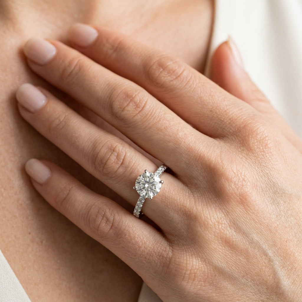 Single Row Prong Set Engagement Ring - worn lifestyle photo