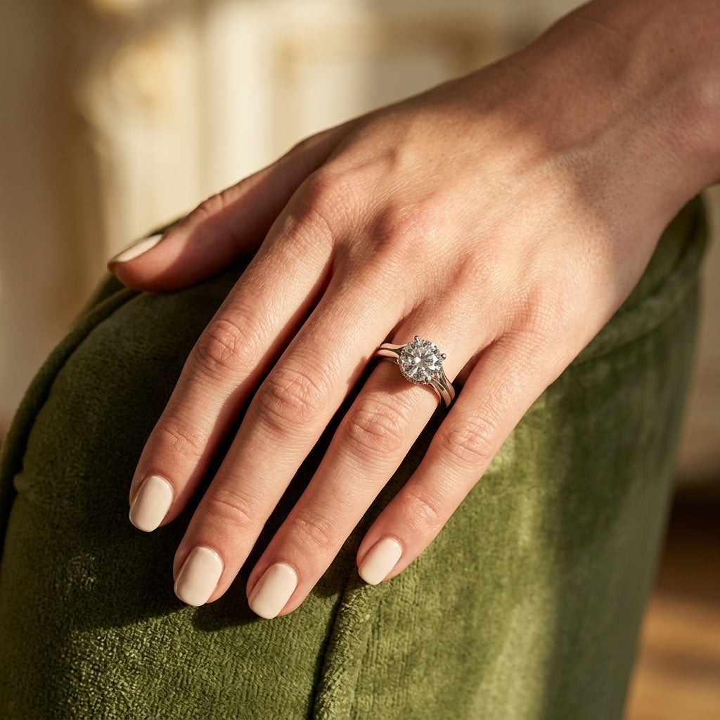 Solitaire Hidden Halo Split Shank Engagement Ring - worn lifestyle photo