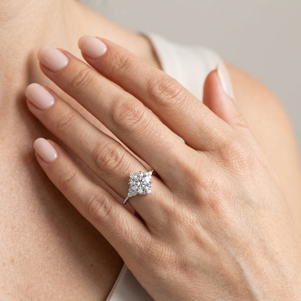 Cluster Side Round Engagement Ring - worn lifestyle photo