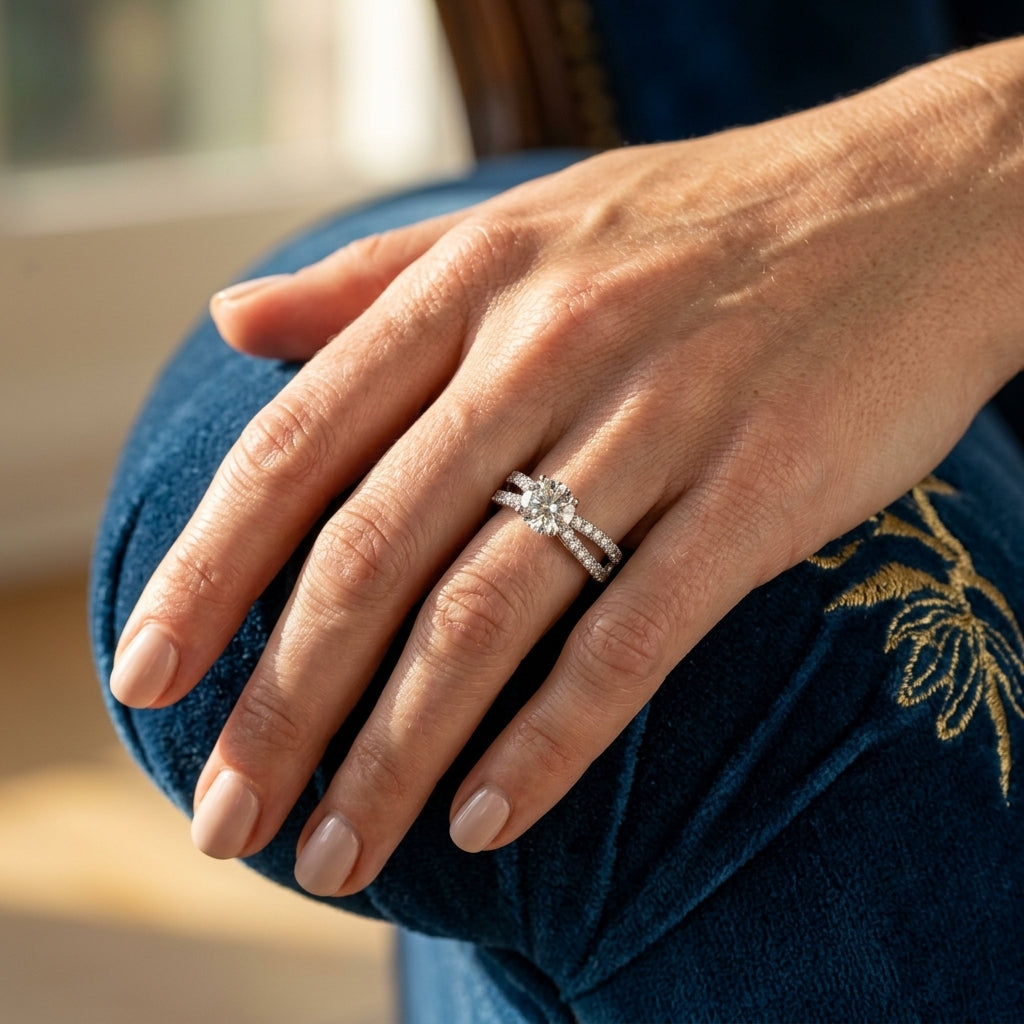 Multirow Prong Set Engagement Rings - worn lifestyle photo