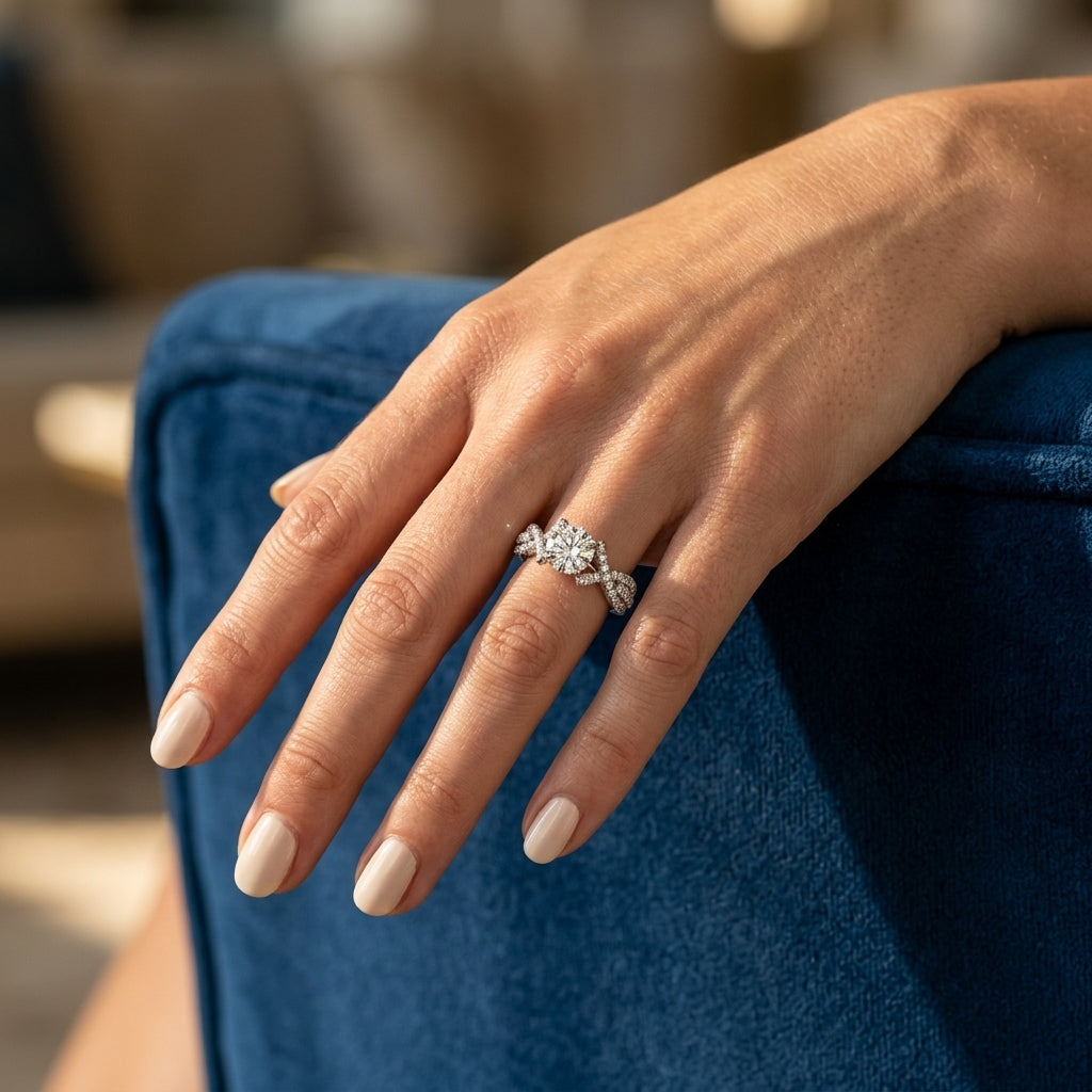Multirow Twisted Shank Hidden Halo Engagement Rings - worn lifestyle photo