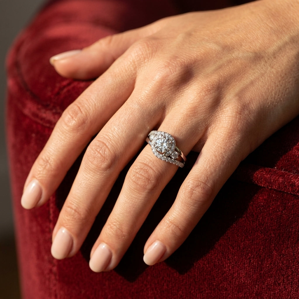Bypass Swirl Halo Engagement Ring - worn lifestyle photo