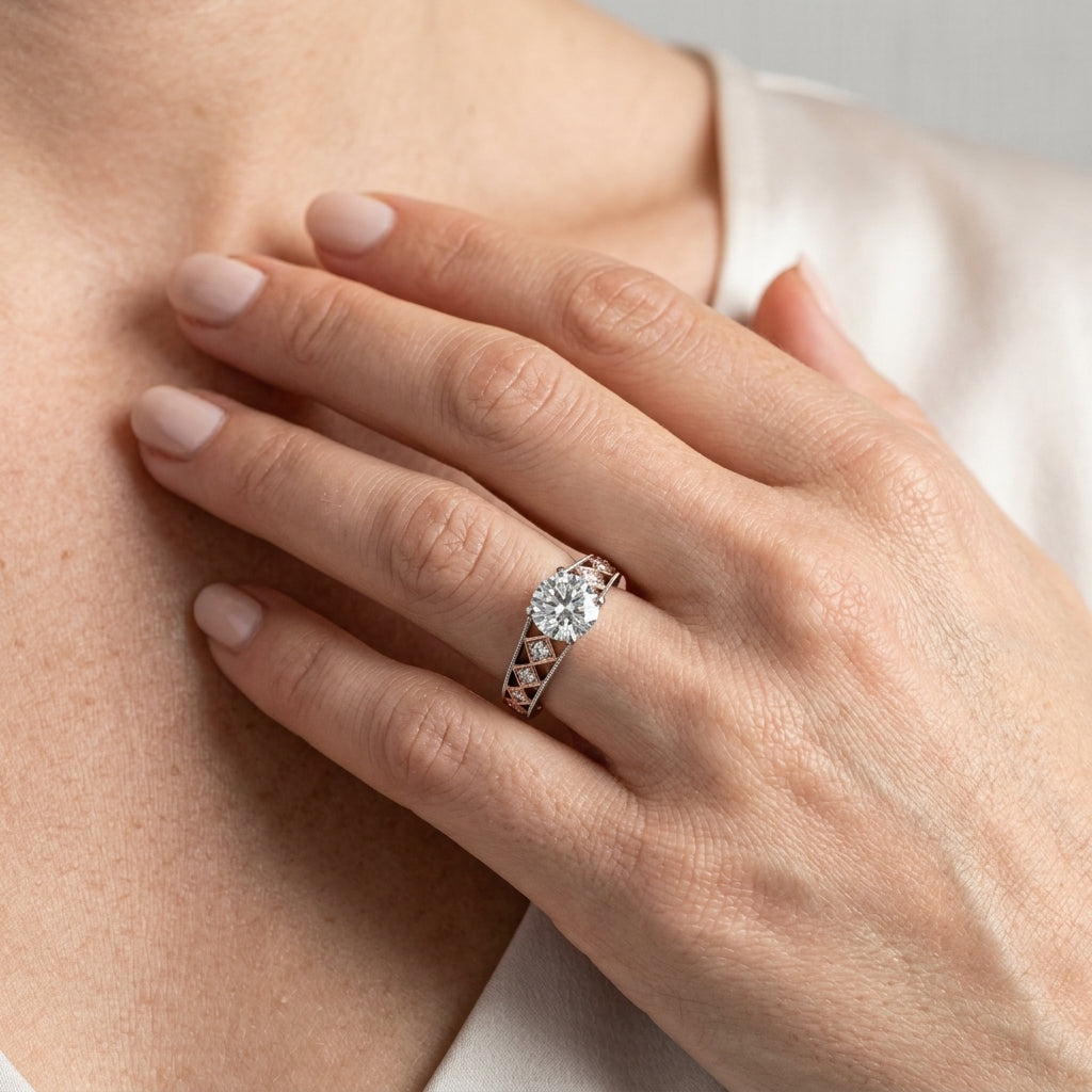 Single Row Milgrain Engagement Rings - worn lifestyle photo