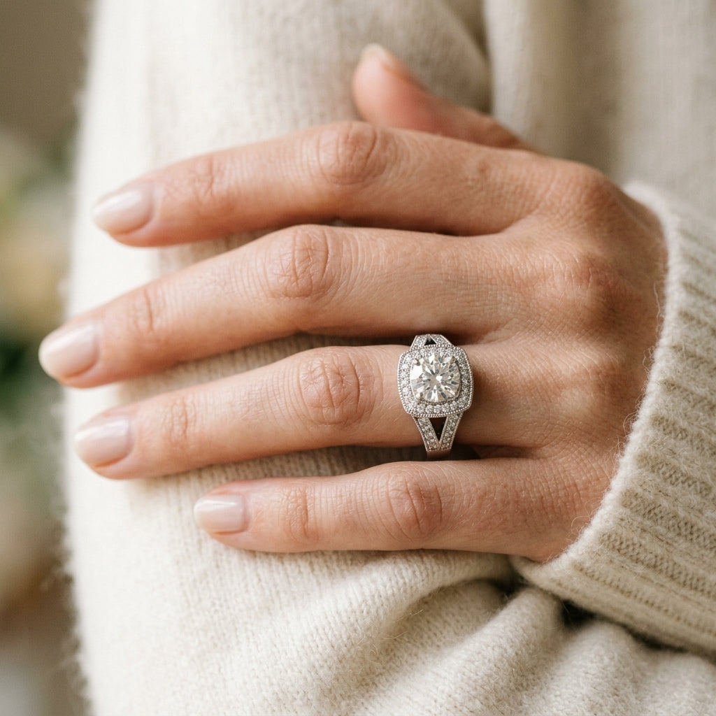 Antique Style Halo Milgrain Split Shank Engagement Ring - worn lifestyle photo