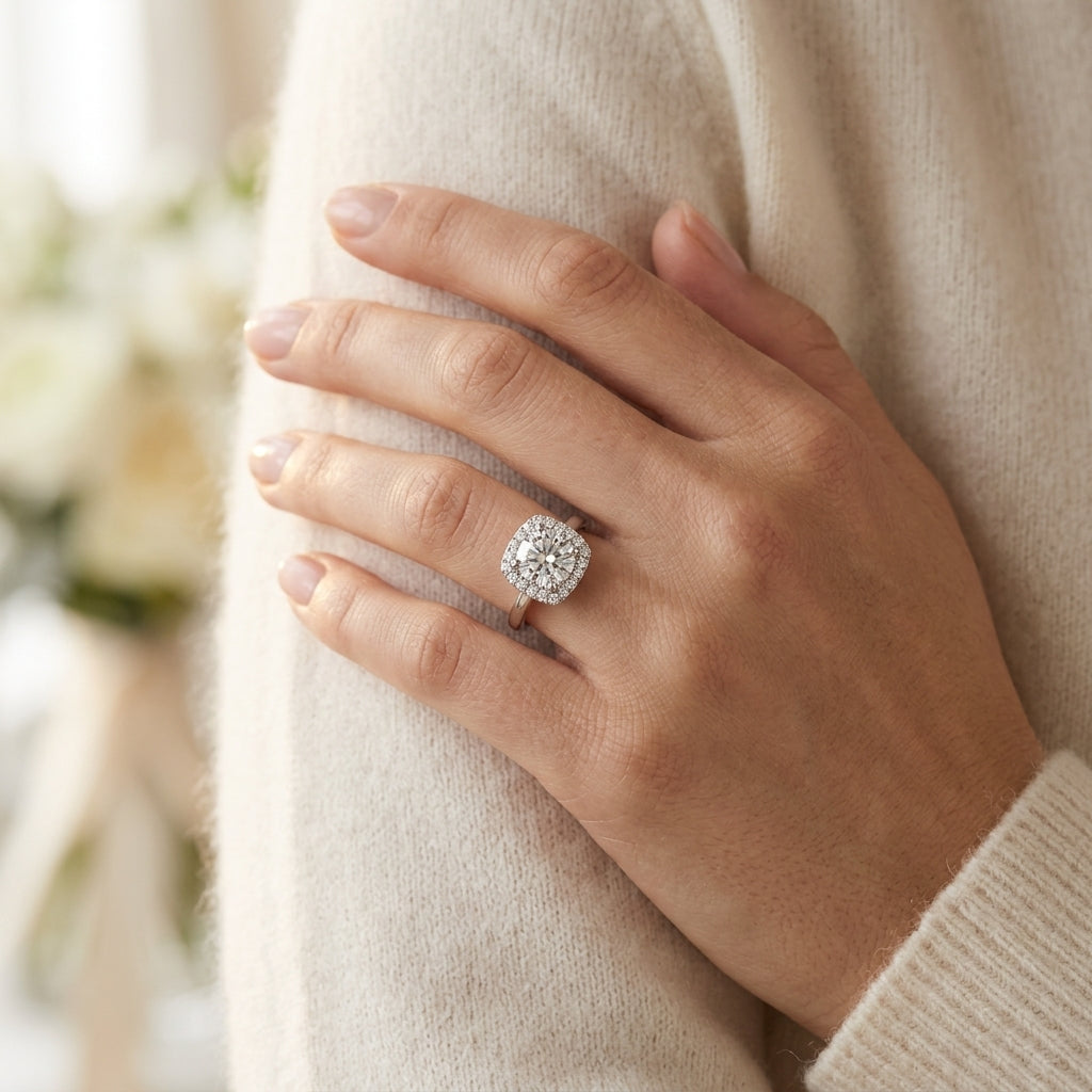 Squared Shape Halo Engagement Ring - worn lifestyle photo