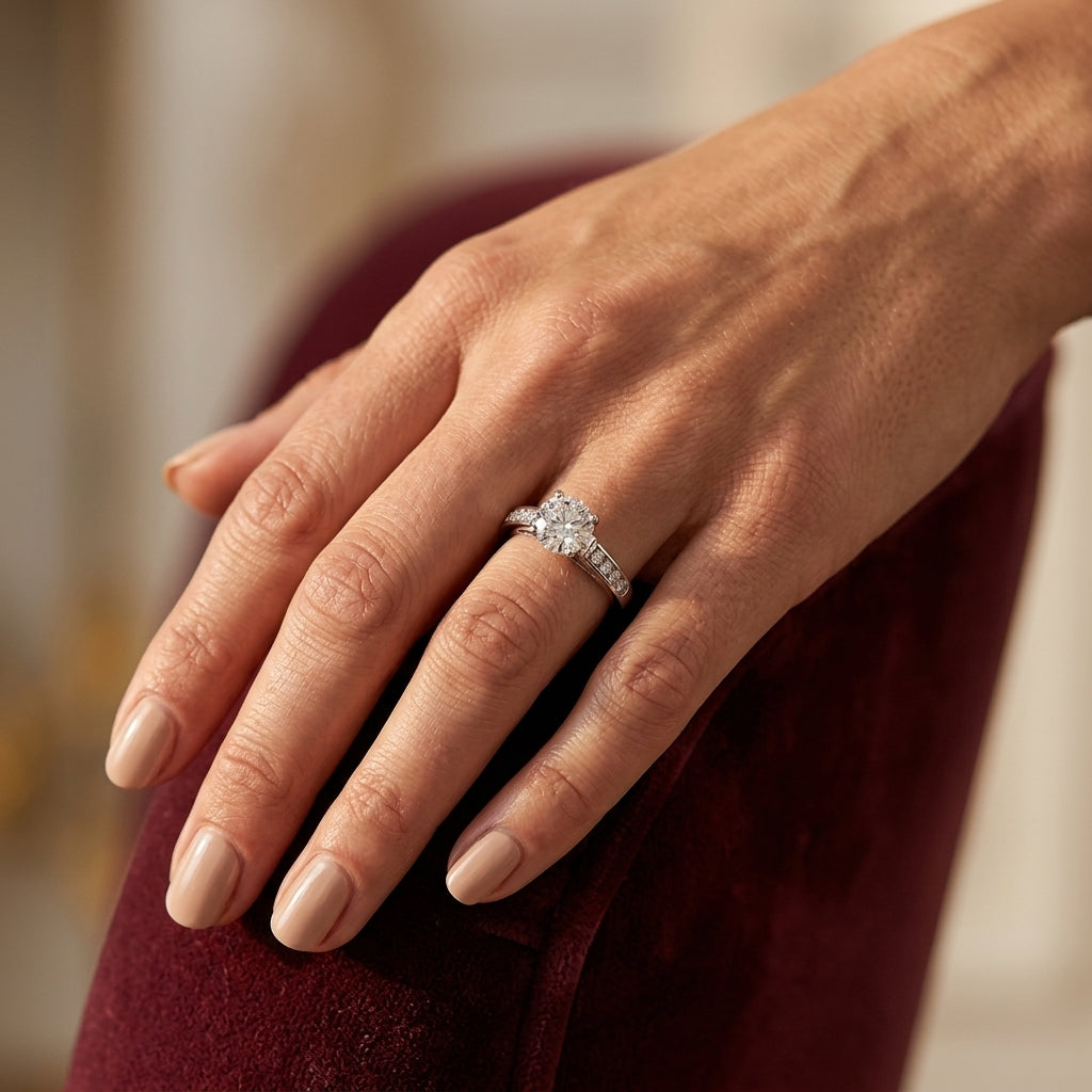 Single Row Channel Set Engagement Ring - worn lifestyle photo