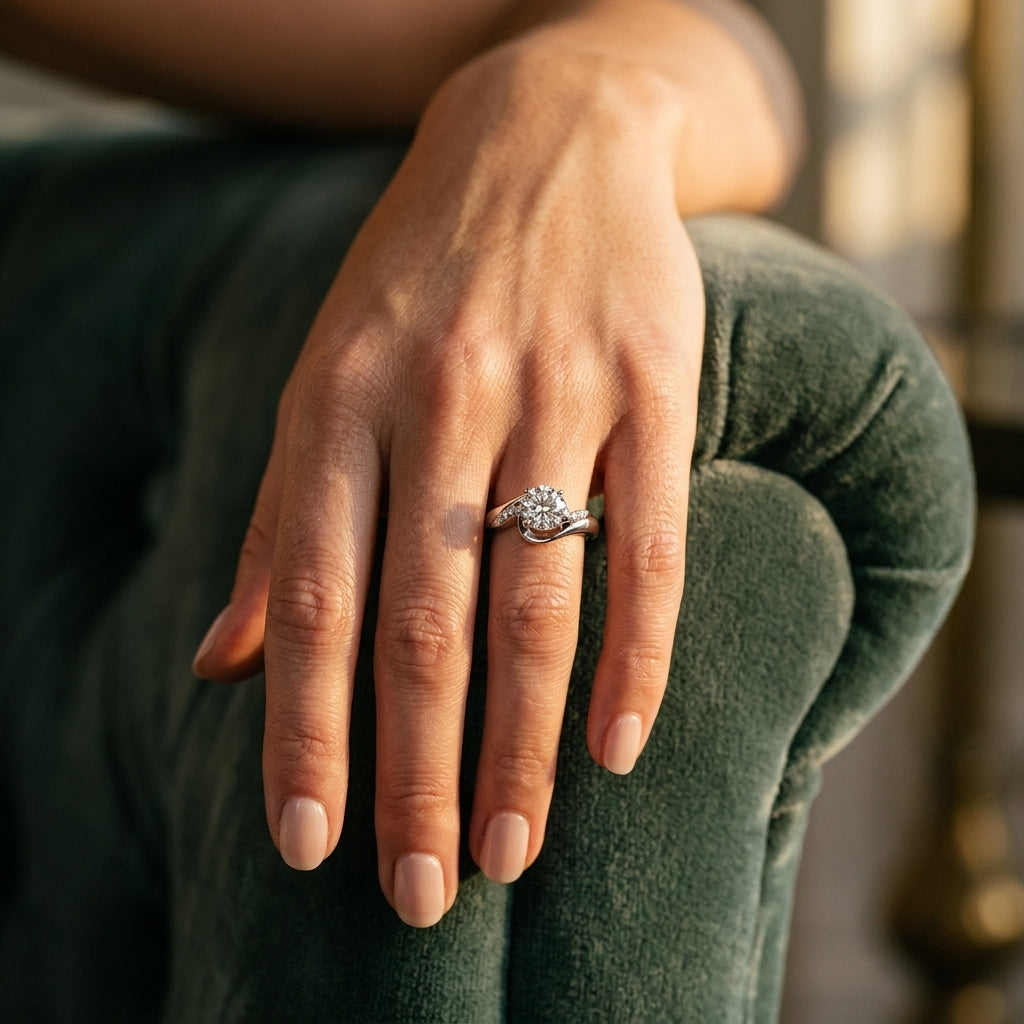 Bypass Swirl Engagement Rings - worn lifestyle photo