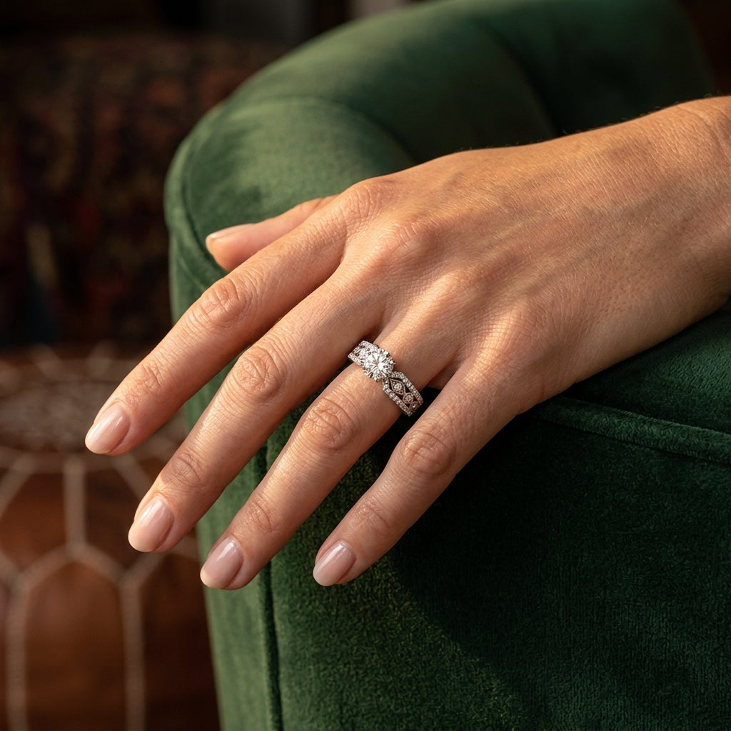 Multirow Prong Set Engagement Rings - worn lifestyle photo