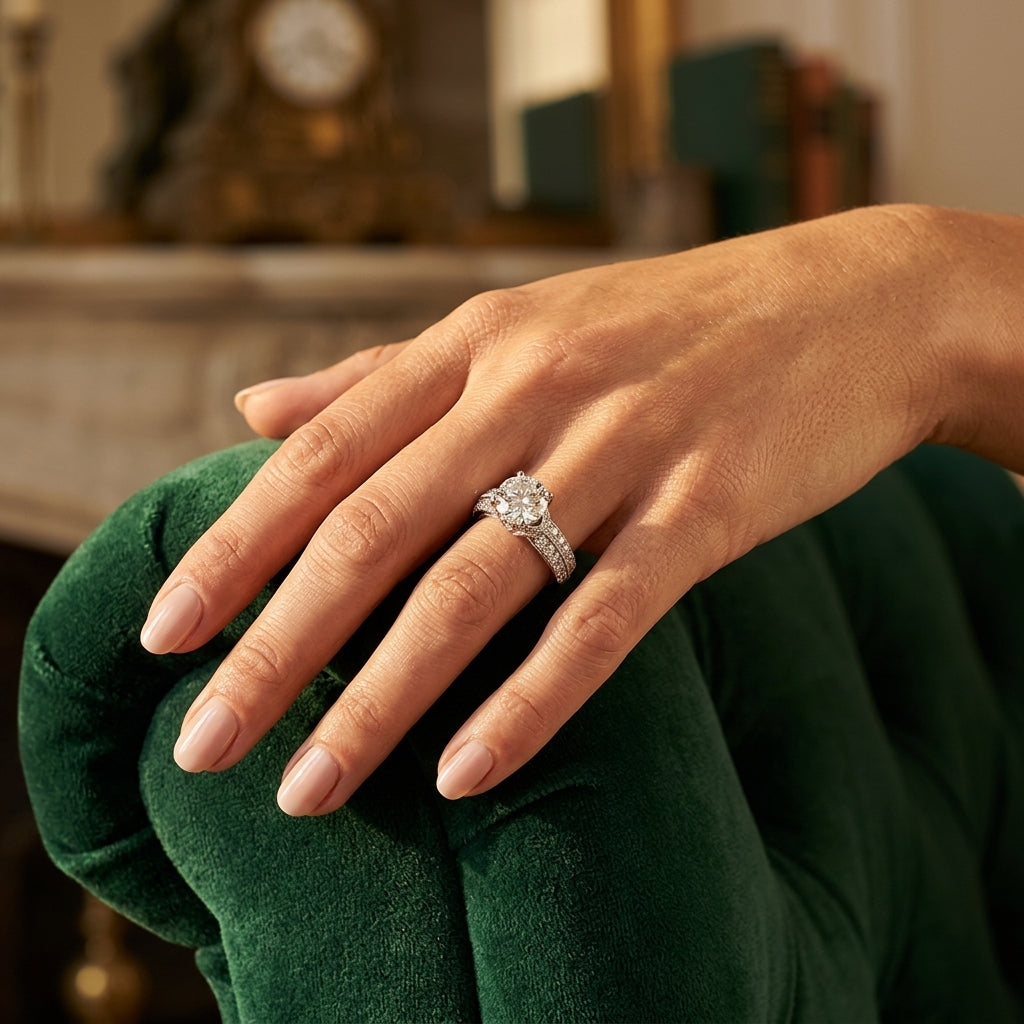Vintage Halo Milgrain Engagement Ring - worn lifestyle photo