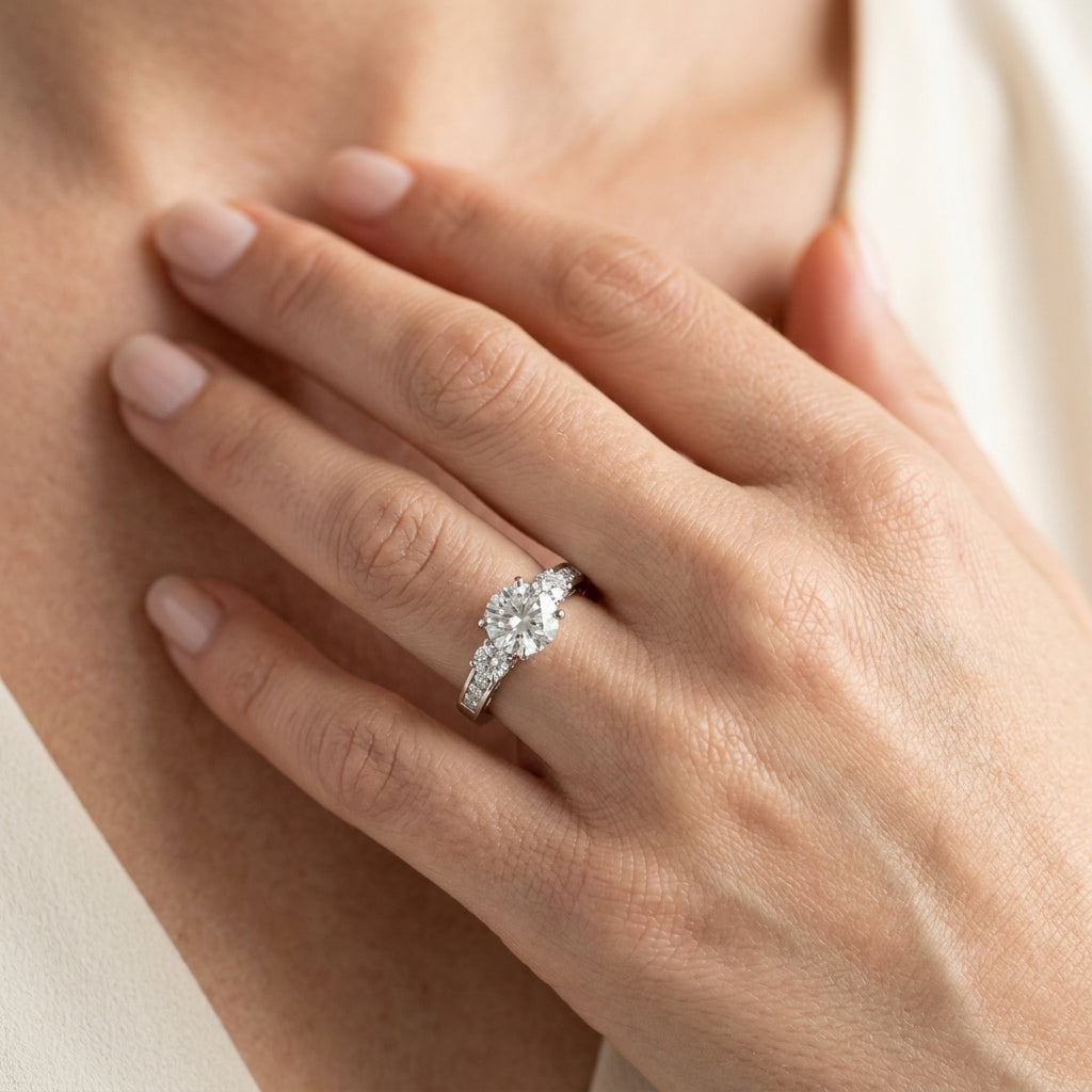 3-Stone Channel Set Solitaire Engagement Rings - worn lifestyle photo